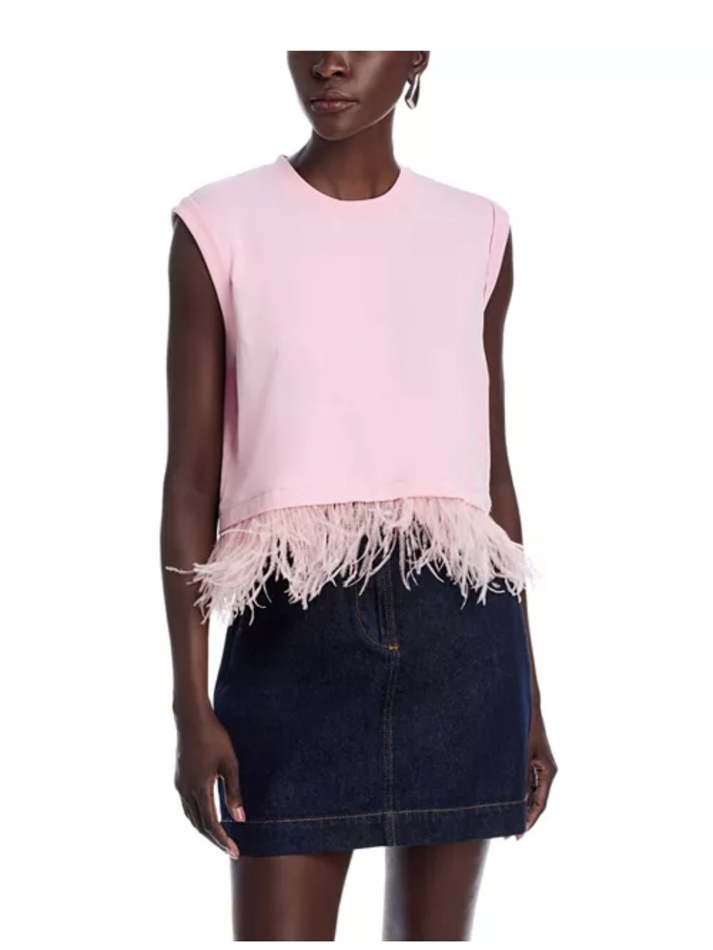 Cinq à Sept Pink Feather Trim Cropped Tank Top Size M Statement Sleeveless
